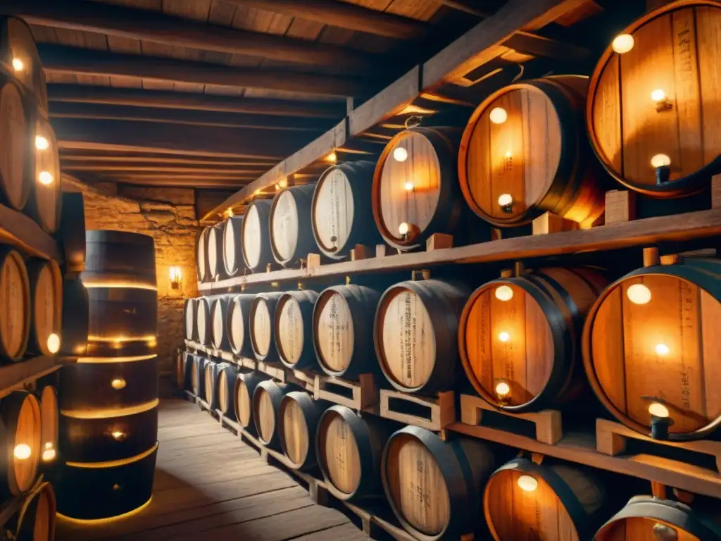 Antigua bodega de barriles de madera en penumbra Un rincón mágico y antiguo de barricas de madera envejeciendo licores, iluminado por cálidas linternas