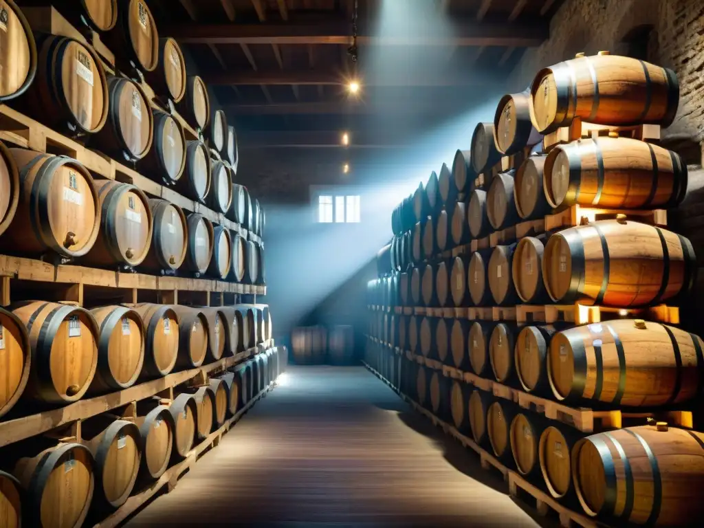 Barriques tallados: historia y artesanía en bodegas ancestrales Majestuosas barricas de madera en una bodega atmosférica, resaltando las innovaciones bioquímicas en envejecimiento de bebidas