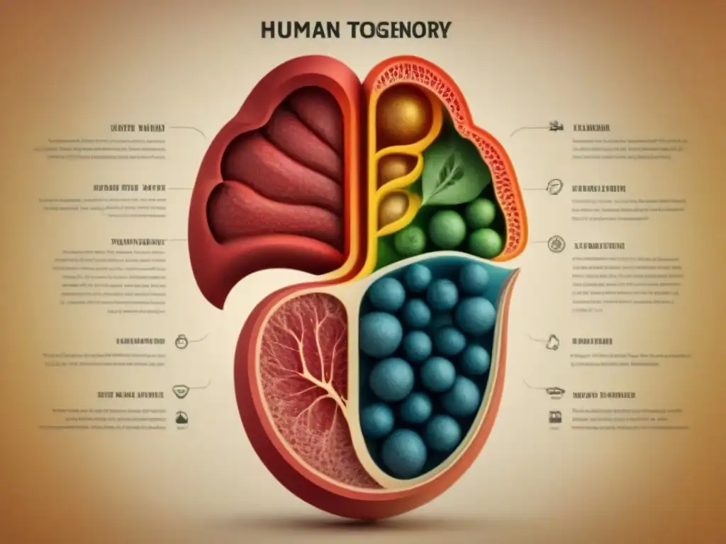 Mapa detallado de sabores: lengua humana en tonos cálidos Mapa detallado de la lengua humana resaltando regiones de sabores, en tonos cálidos y aspecto académico