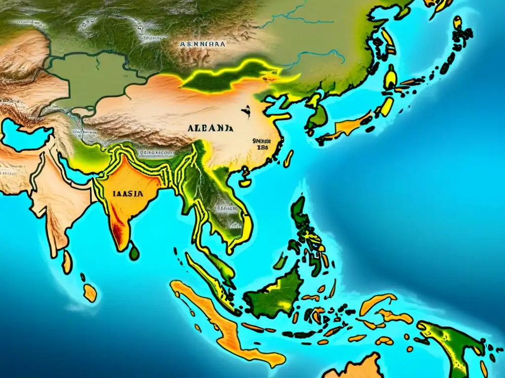 Mapa vintage detallado de Asia con destilados más populares, mostrando topografía, ríos y ciudades, envejecido y con un toque clásico
