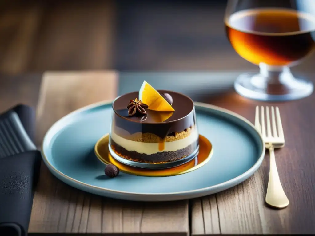 Dulce postre gourmet con cognac en mesa rústica Maridaje de sensaciones profundas: postre moderno con cognac en mesa rústica, elegancia y sofisticación