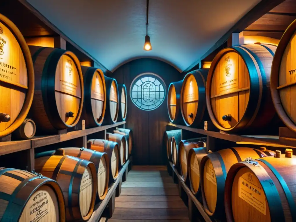 Antigua bodega de whiskys: barricas de roble vintage y tradición Maridaje de whiskys con barriles en bodega de whisky acogedora y tenue, iluminada por luz cálida filtrada