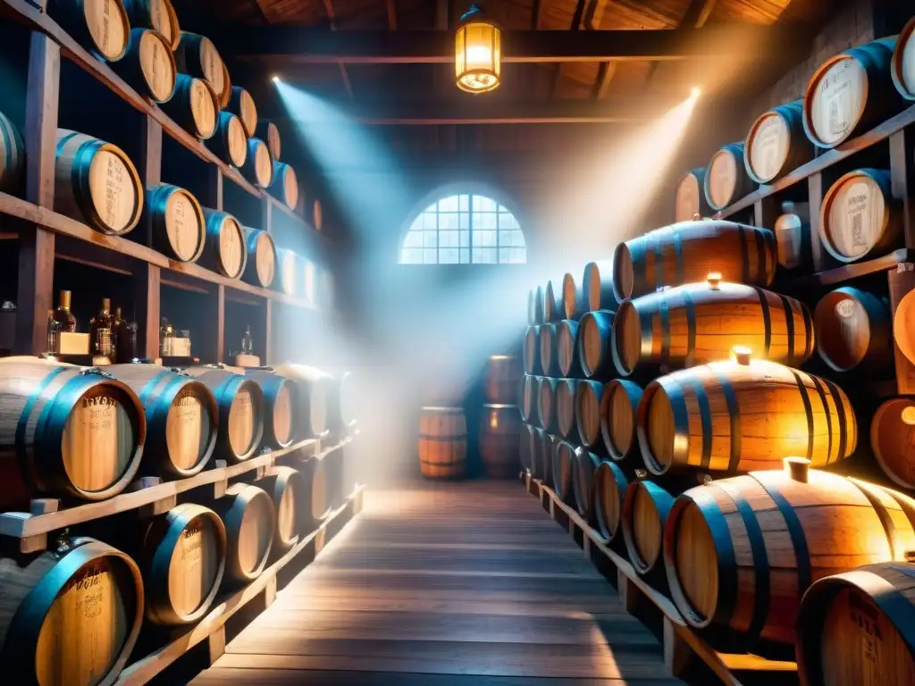 Antigua bodega de whisky: barriles de roble, historia y magia Maridaje de whiskys con barriles en bodega rústica iluminada, evocando historia y artesanía