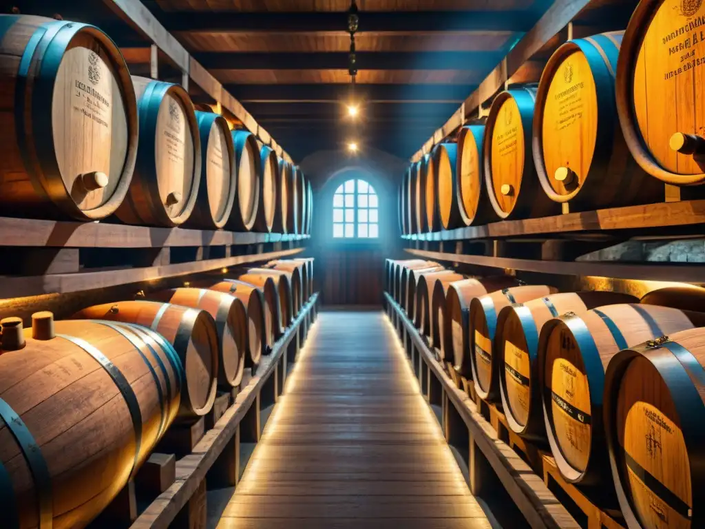 Explorando la bodega de whisky: detallada y nostálgica Maridaje de whiskys con barriles en bodega, ambiente cálido y detallado de madera envejecida