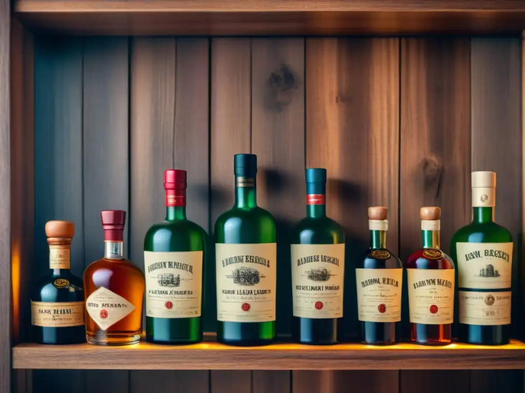 Marketing destilados edición limitada: Colección exclusiva de botellas vintage en estante de madera rústico, iluminadas cálidamente
