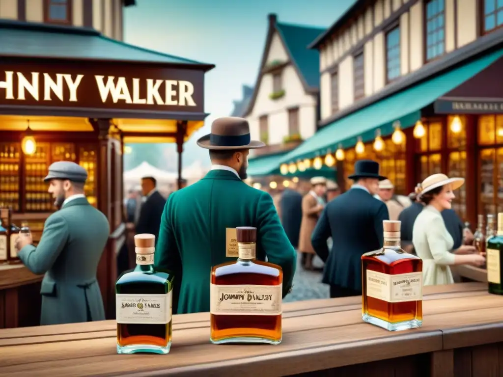 Mercado antiguo animado con venta de whisky Johnny Walker en los años 1900 Un mercado bullicioso de principios del siglo XX, donde vendedores ofrecen Johnny Walker a clientes