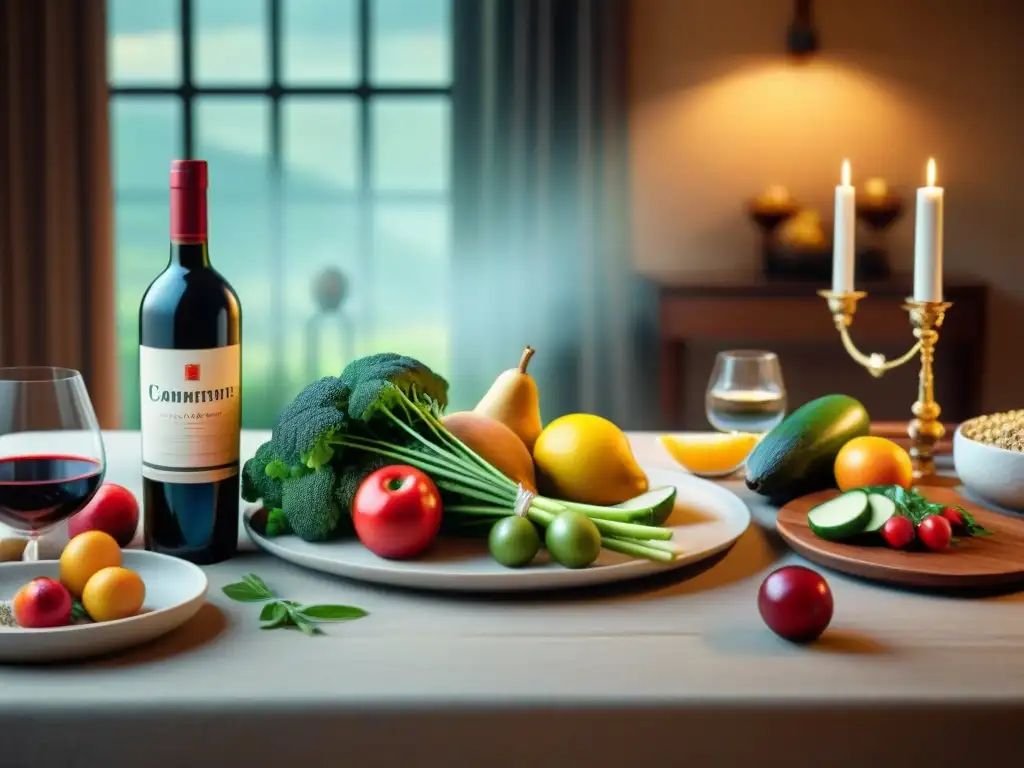 Mesa elegante con alimentos saludables y vino tinto vintage Una mesa elegante con alimentos saludables y vino tinto, evocando el equilibrio y el consumo moderado de alcohol en la dieta