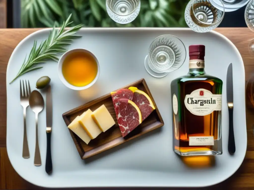 Exquisita mesa de licores y aperitivos vintage Una mesa elegante con destilados y aperitivos finos, perfecta para un maridaje de destilados con entradas