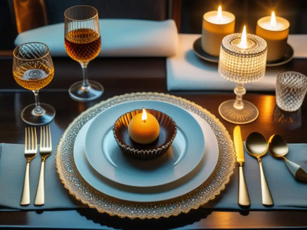 Exquisita mesa de postres y cognac en ambiente elegante Una mesa elegante iluminada con velas, cristalería y postres de cognac