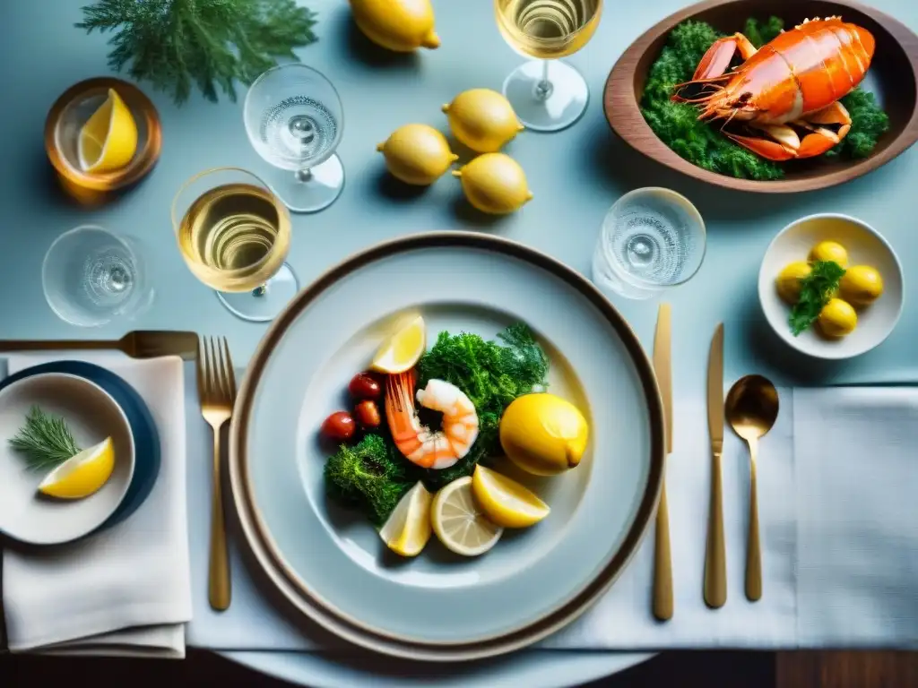 Exquisita armonía: Maridaje perfecto de vodka y mariscos Una mesa elegante con maridaje vodka pescado perfecto, china fina y decoración sofisticada
