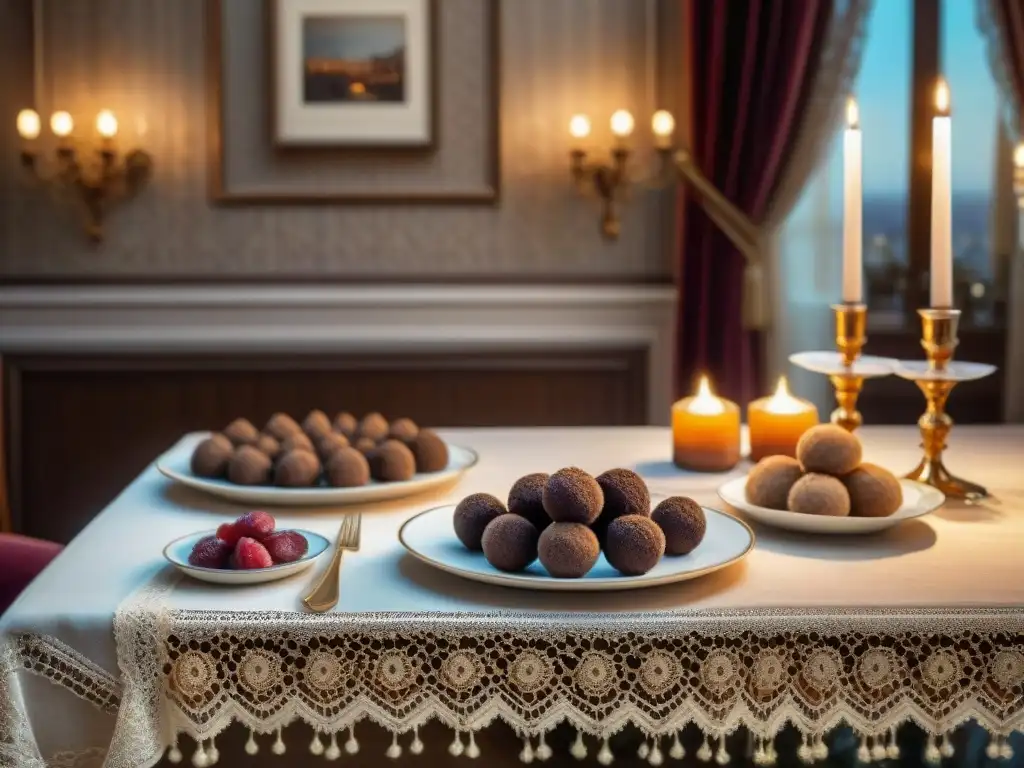 Mesa de postres vintage: lujo y elegancia Una mesa lujosa con postres decadentes y cognac, maridaje exquisito en un ambiente elegante y cálido