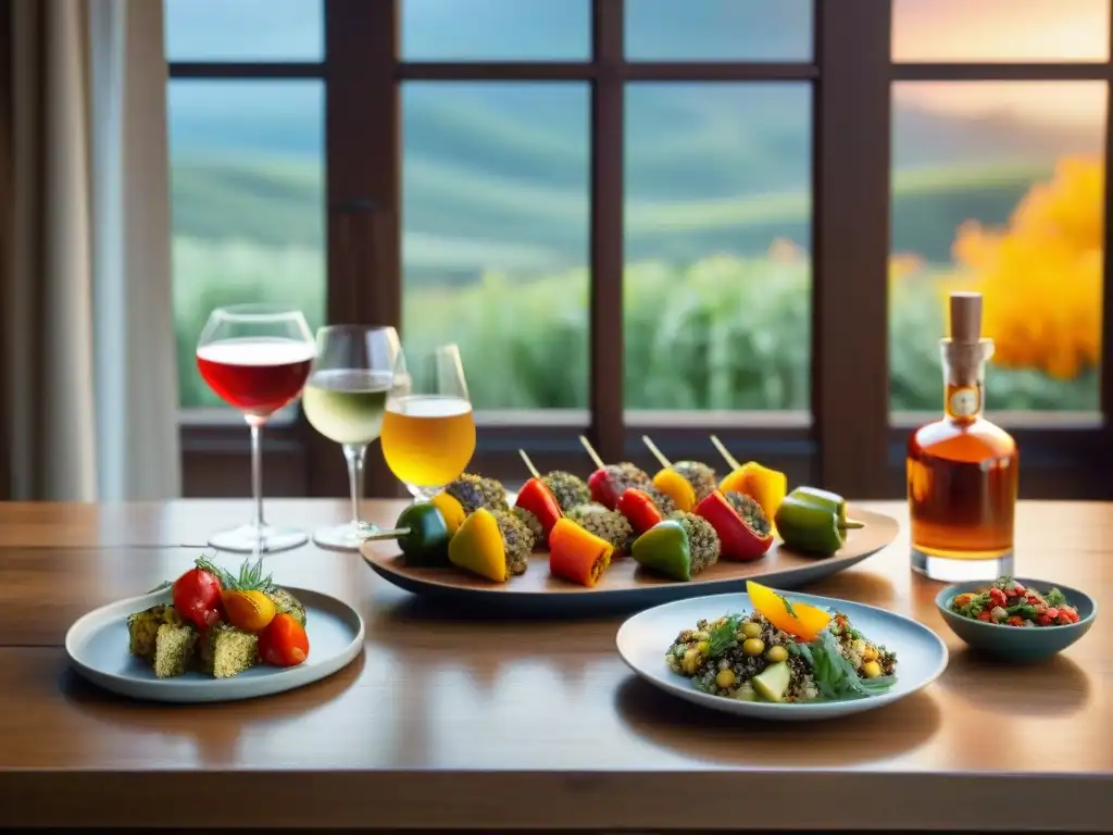 Armonía culinaria: maridaje de licores modernos y platillos vegetarianos Una mesa rústica con deliciosos platillos vegetarianos y destilados modernos, iluminada por una cálida luz natural