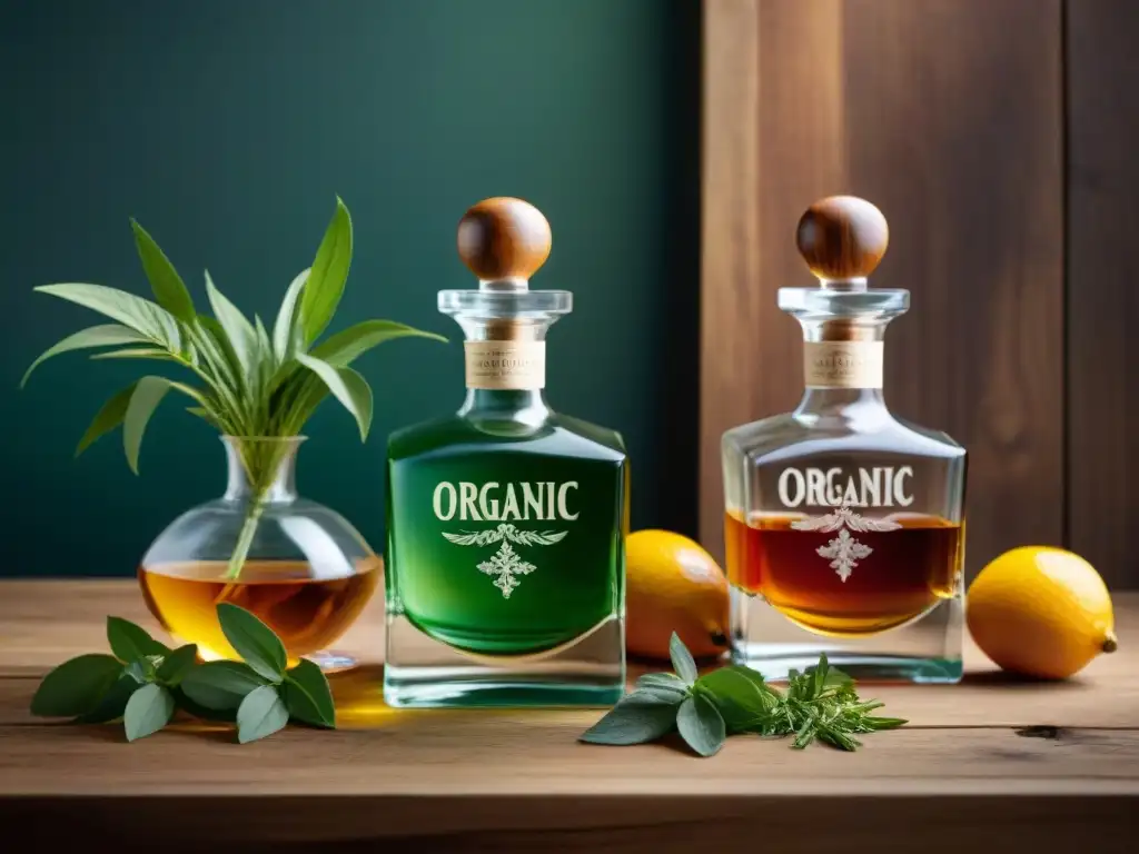 Destilados orgánicos: Elegancia en la mesa Una mesa rústica con destilados orgánicos en decantadores de cristal, diferencias cata destilados orgánicos