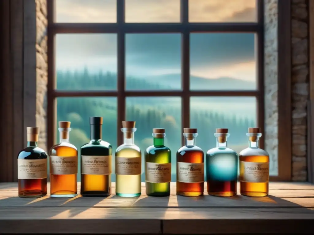 Exquisita colección de vodka artesanal polaco en botellas vintage Una mesa rústica de madera con botellas de vodka artesanal polaco, iluminada por luz suave