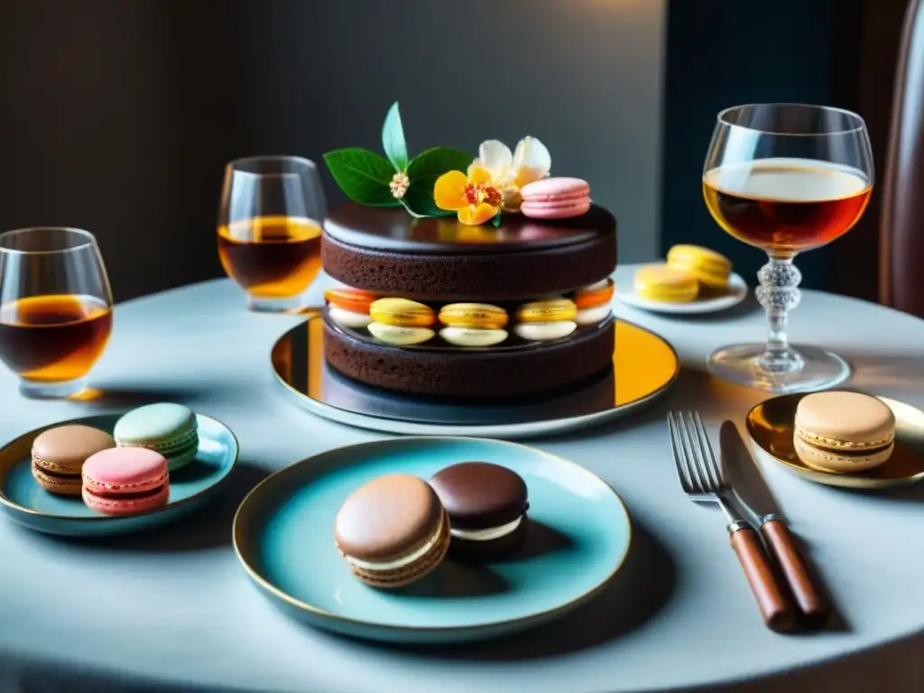 Exquisita mesa vintage con postres y coñac premium Una mesa vintage elegante con postres decadentes y copas de cognac, perfecta para un maridaje Cognac Postres Sensaciones Profundas