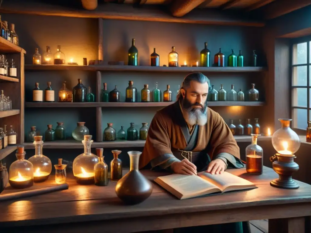 Alquimia ancestral: laboratorio místico de destilación en 8k En el misterioso laboratorio de un alquimista antiguo, destilación de bebidas alcohólicas históricas