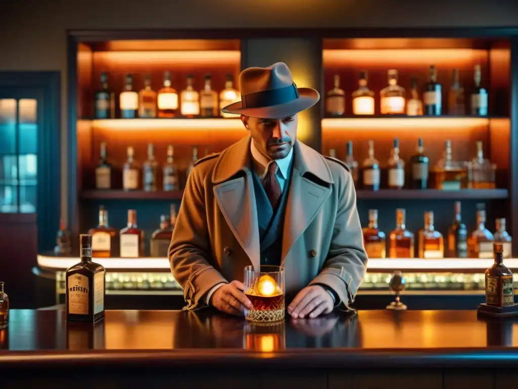 Misterio en el Bar de Whiskey de los 40 Un misterioso personaje en un bar de whisky de los años 40, evocando la destilación de whisky y cine noir