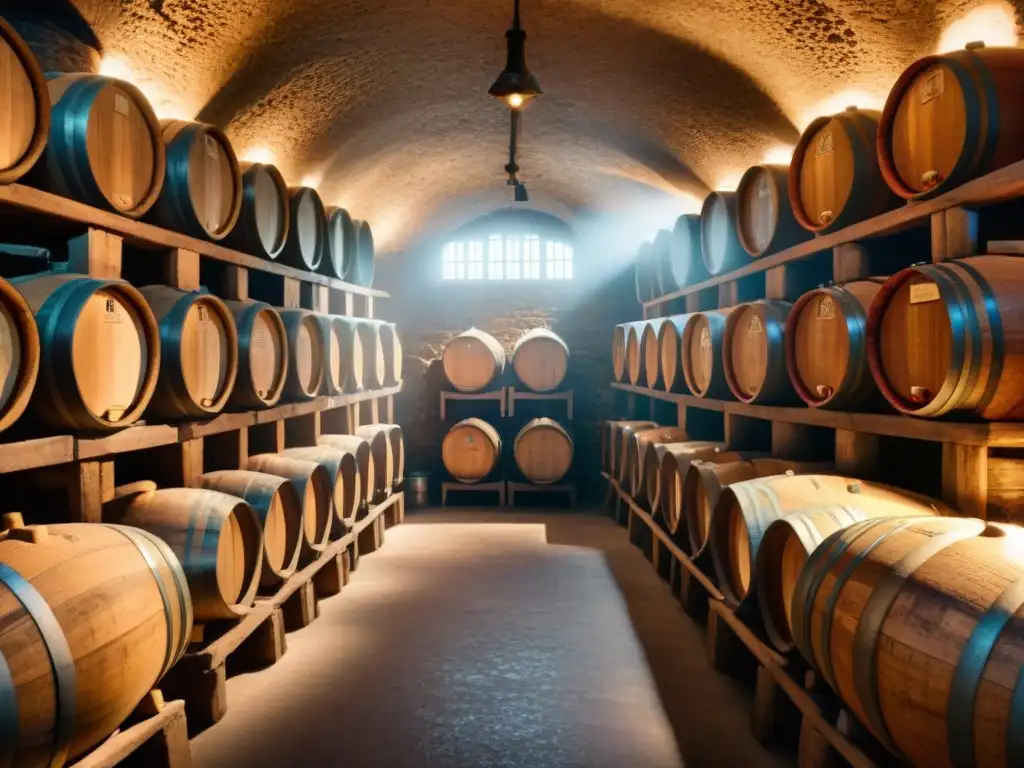 Un misterioso y sofisticado sótano de vinos con barriles de roble envejeciendo, iluminado por una cálida luz