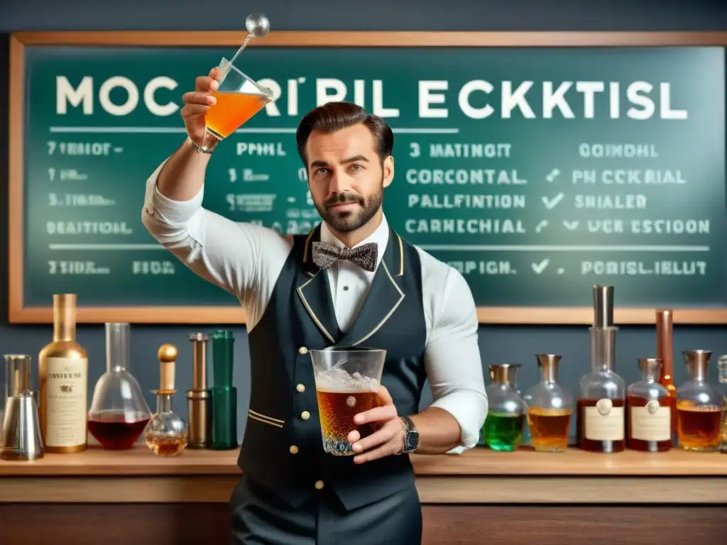 Maestro coctelero equilibrando la acidez en un cóctel vintage Un mixólogo equilibrando acidez en un cóctel con herramientas científicas, creando una atmósfera nostálgica e informativa