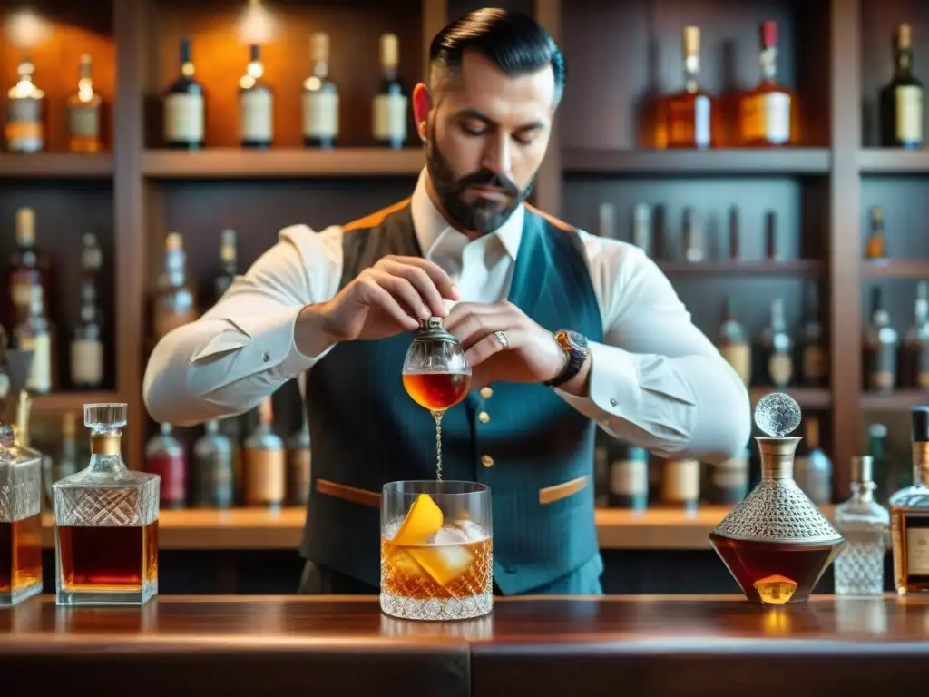 Maestro coctelero sirviendo cocktail: detalle y elegancia vintage Un mixólogo experto vierte cóctel ámbar en copa antigua en un elegante bar