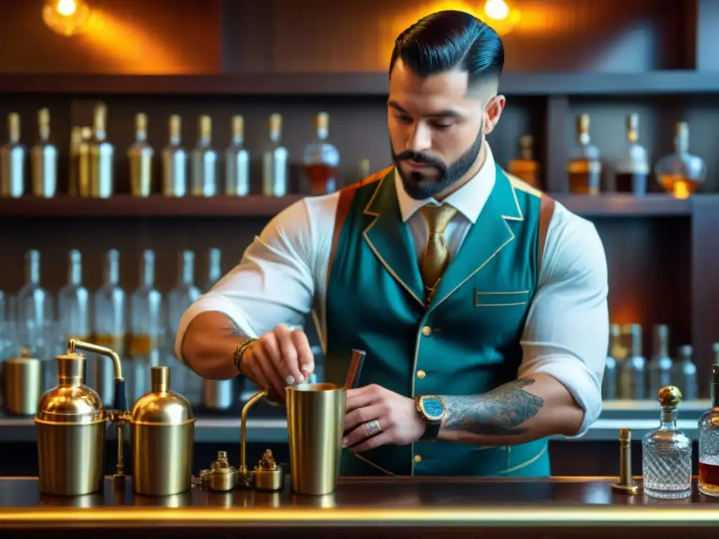 Arte meticuloso: limpieza de equipo de carbonatación en speakeasy vintage Un mixólogo meticuloso en una speakeasy, mantenimiento de equipos para técnicas de carbonatación en cocteles