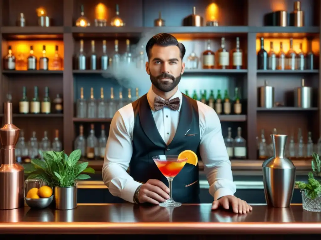 Mixólogo experto preparando cócteles vintage con destreza Un mixólogo sofisticado creando cocteles con técnicas de destilación innovadoras en un elegante bar vintage