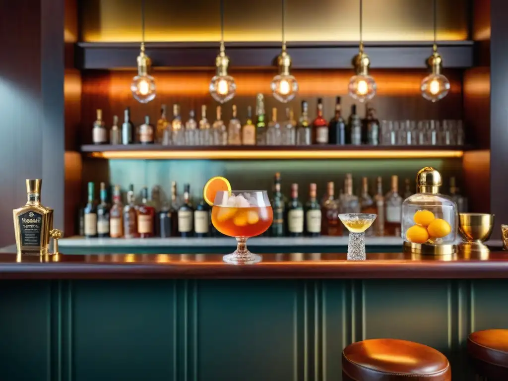 Bar de cócteles vintage: cristalería elegante y lujosos ingredientes Ambientación nostálgica en la elegante coctelería con cristalería y licores premium