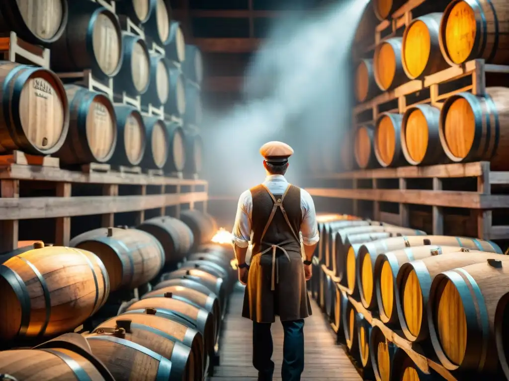 Inspección minuciosa en bodega de whisky vintage Un obrero de destilería inspecciona barricas de whisky en almacén vintage
