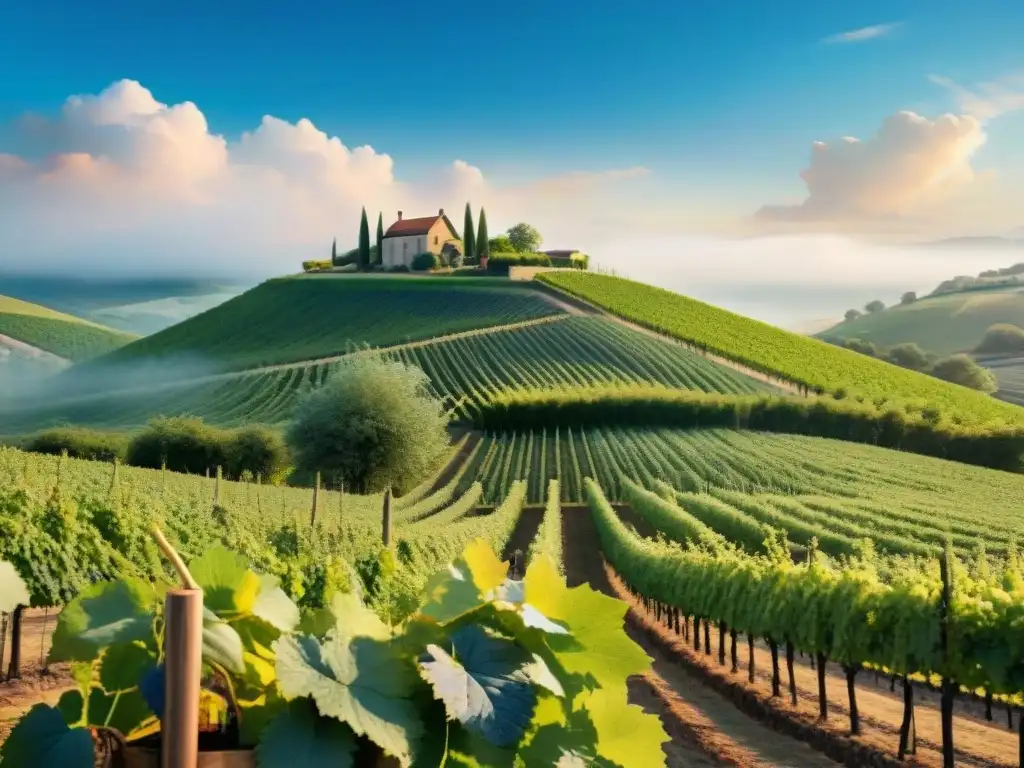 Viñedo sereno y tradicional con destilería vintage Paisaje tranquilo de viñedo con destilados sin alcohol estilo de vida