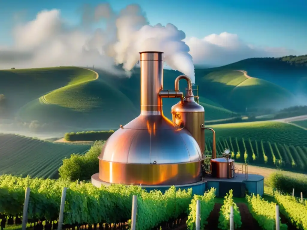 Destilación artesanal entre viñedos: tradición y naturaleza Un paisaje vintage de destilación con prácticas ecológicas en viñedos verdes y cielo azul