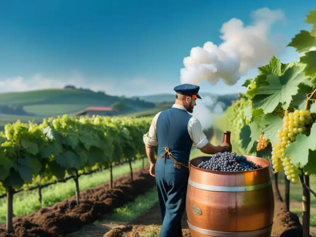 Artesanía vitivinícola: tradición y sostenibilidad Paisaje vintage de destilería tradicional rodeada de viñedos, trabajadores recolectando uvas y alambique de cobre