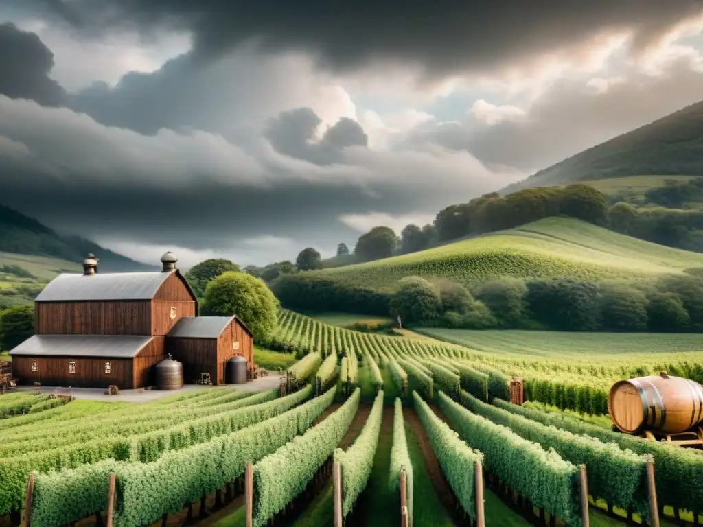 Destilería de whisky tradicional entre viñedos bajo cielo tormentoso Paisaje vintage de destilería de whisky rodeada de viñedos verdes bajo un cielo tormentoso