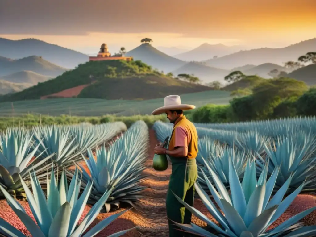 Artesanía del agave al atardecer: palenque mexicano detallado Un palenque tradicional mexicano al atardecer, con destilados de agave variedad en proceso, bajo un cielo cálido y pintoresco