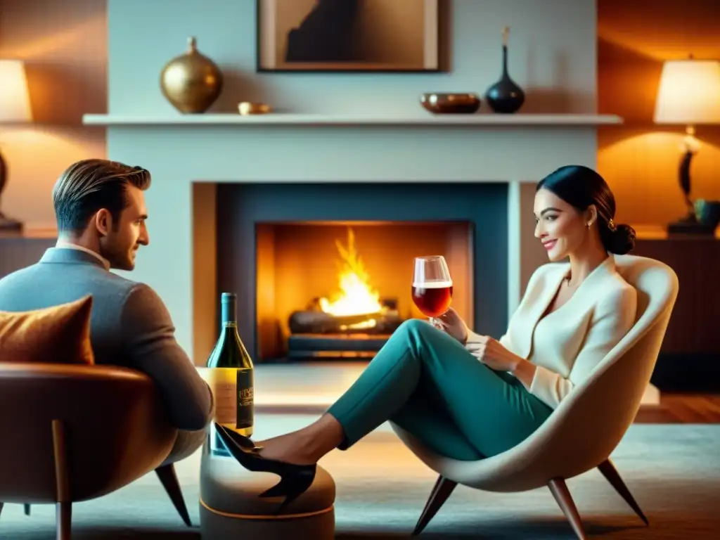 Escena de lujo: pareja elegante disfruta bebidas premium junto a chimenea Una pareja elegante disfruta de bebidas premium durante confinamiento en un hogar lujoso y acogedor junto a la chimenea