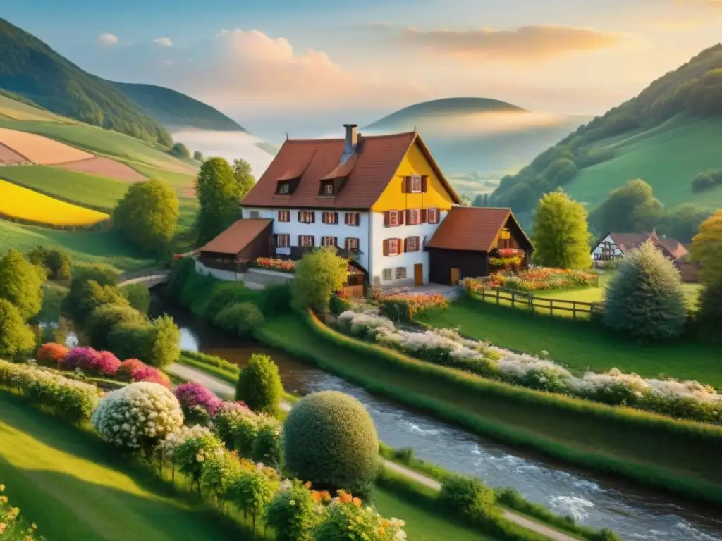 Destilería de schnapps en el campo alemán: encanto tradicional Pintoresca destilería de schnapps en Alemania, bañada por la cálida luz del atardecer