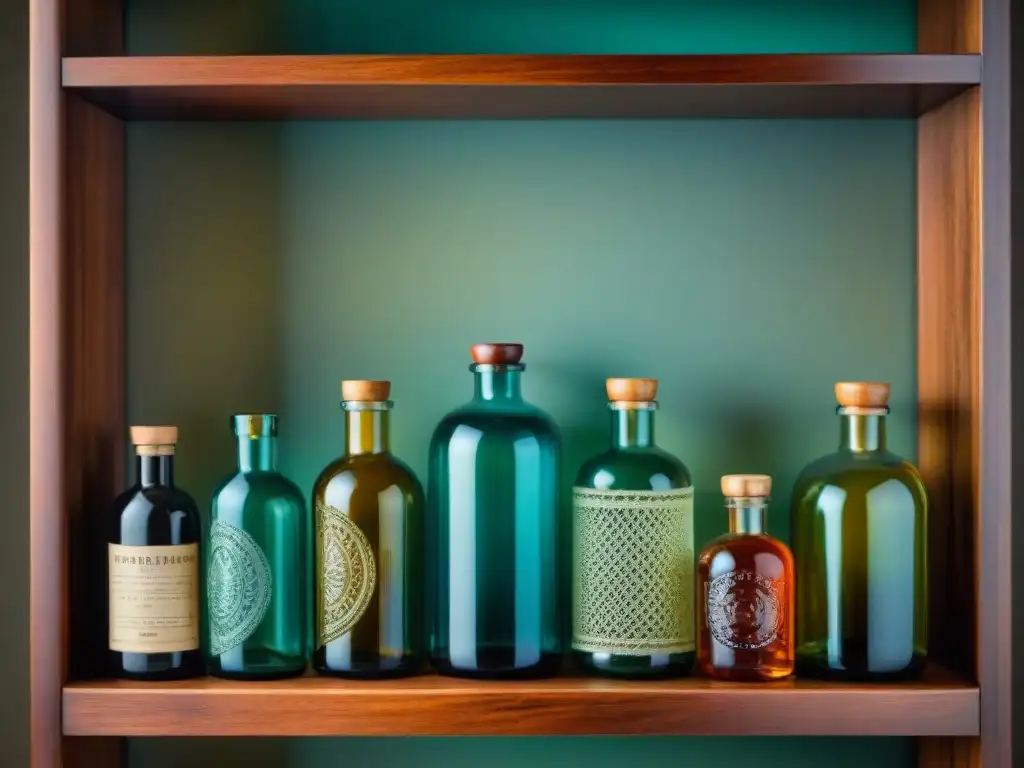Exquisita colección de botellas de vidrio en estante vintage Una presentación elegante de una colección de botellas de destilación única y detallada en estantes de madera antigua