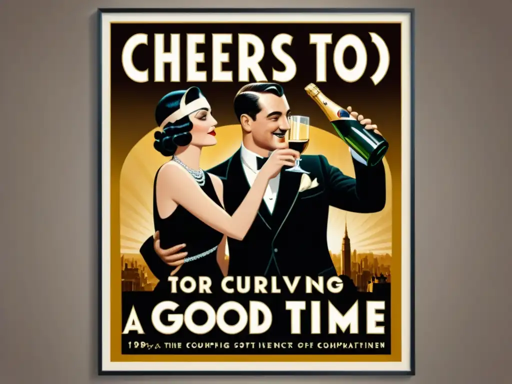 Brindis 1920: Desvelando la Influencia del Alcohol en los Medios Propaganda y estigma del alcohol: Pareja glamurosa de los años 20 brinda con champán en un cartel vintage de la era de la Prohibición