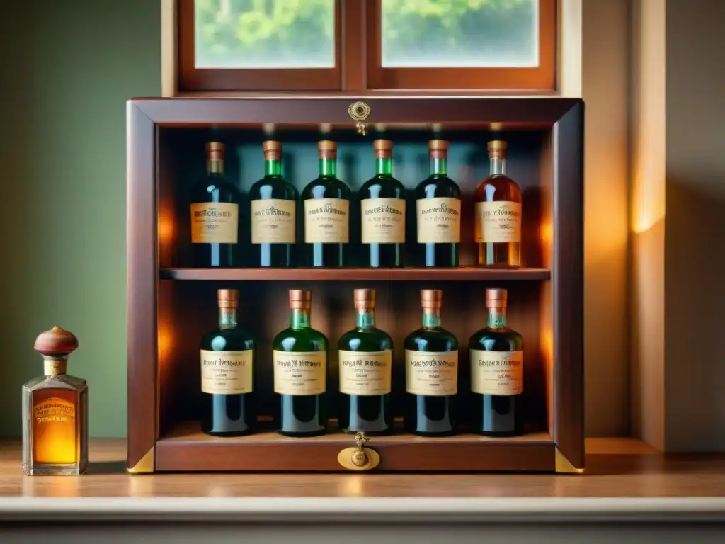 Armario vintage de licores olvidados con polvo y telarañas Resurgimiento de la cultura de licores olvidados en un gabinete vintage polvoriento, con botellas ornamentadas y luz suave filtrándose por la ventana