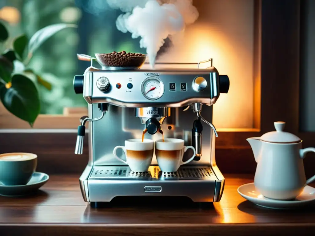 Máquina de café vintage entre granos y secretos Un retrato detallado de una antigua máquina de café espresso de plata, rodeada de granos de café y utensilios vintage, en una escena nostálgica