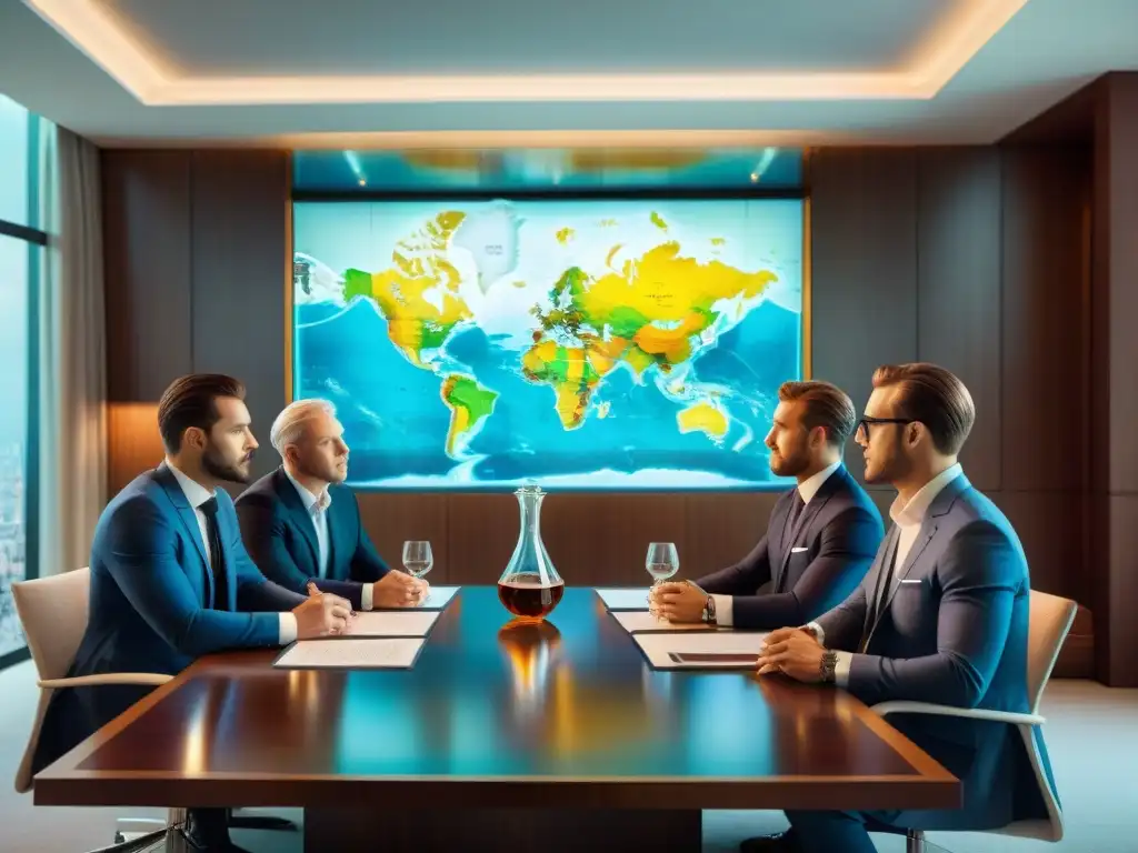 Reunión estratégica de ejecutivos europeos postBrexit Reunión de ejecutivos europeos en sala de juntas, discutiendo regulaciones postBrexit de destilados