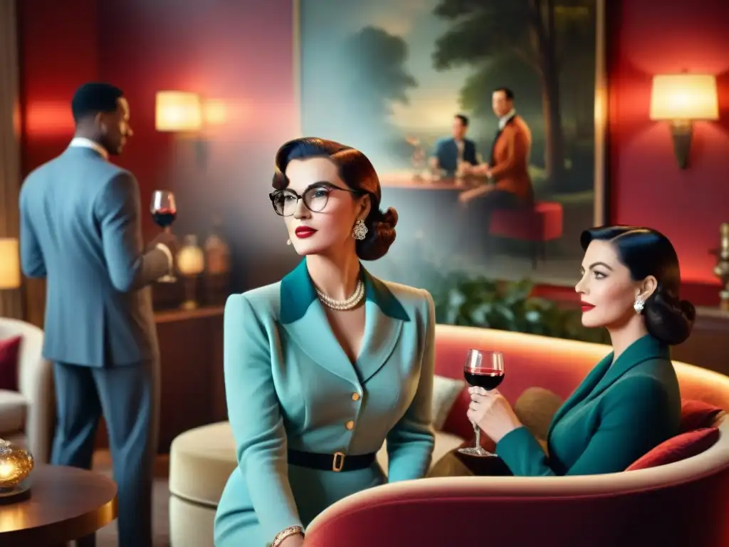 Reunión elegante: Diversidad y sofisticación en los años 50 Reunión elegante de adultos en los años 50 disfrutando de vino tinto, destacando el consumo moderado alcohol beneficios salud