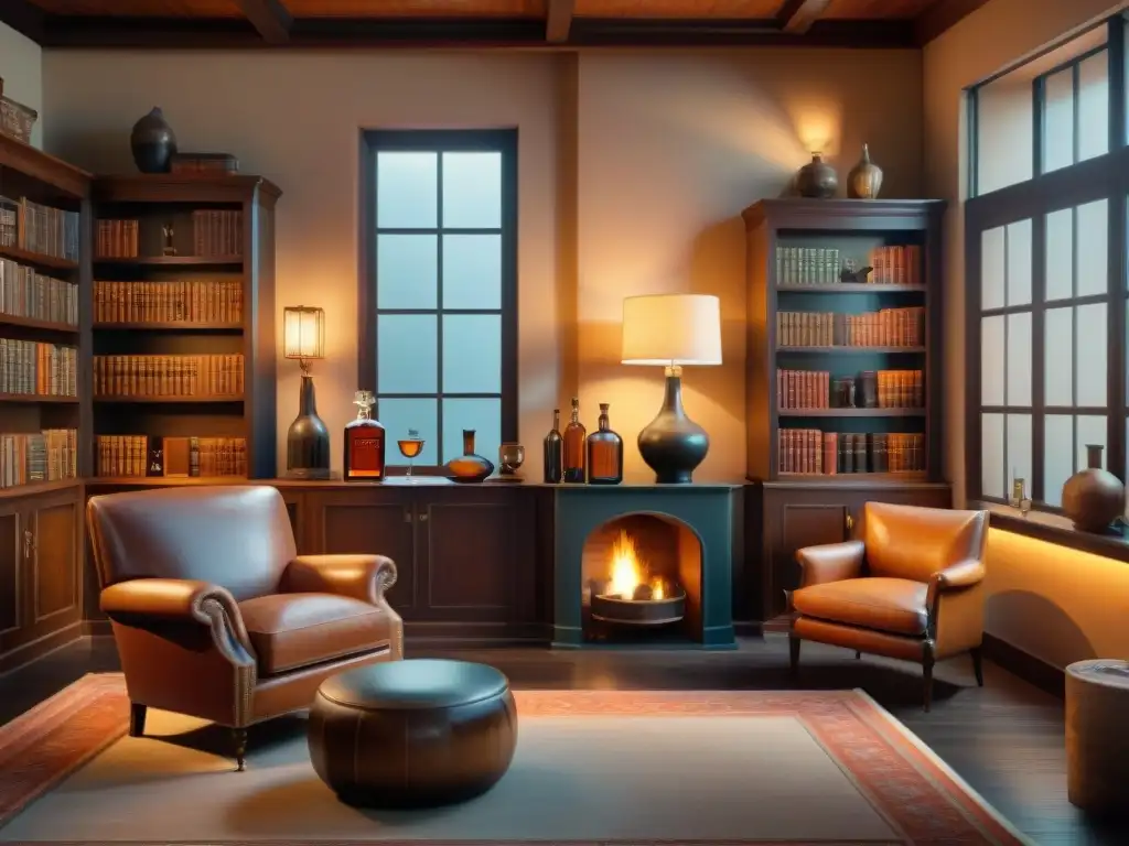 Estudio acogedor con destilados y libros antiguos Un rincón acogedor con destilados, libros y chimenea: aliados para combatir el estrés
