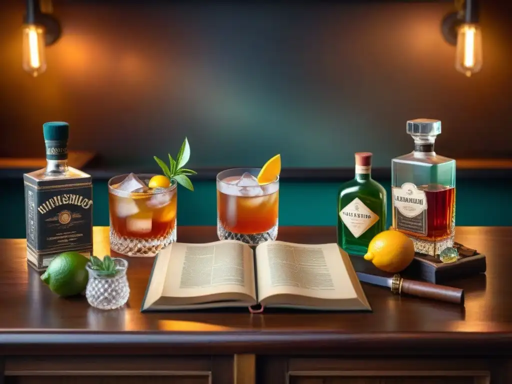 Mesa de mixólogo vintage con libros de recetas y utensilios de bar antiguos Un rincón acogedor con libros esenciales de recetas de cócteles, herramientas de bar antiguas y cristalería de cristal, iluminado suavemente