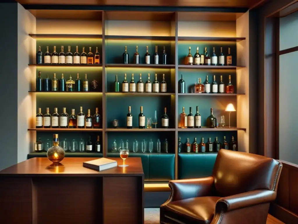 Colección exquisita de licores en estudio vintage Un rincón exclusivo para coleccionar destilados en una lujosa sala de estudio con estanterías llenas de botellas de licor de todo el mundo
