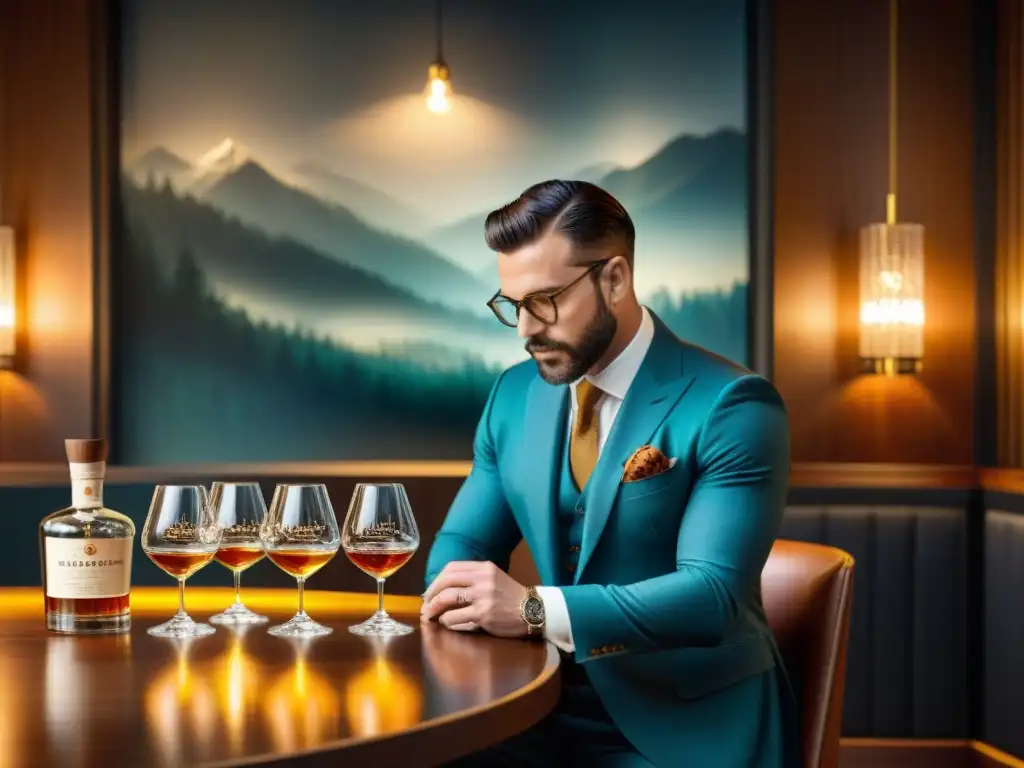 Experiencia exclusiva de cata de licores premium en sala elegante Una sala de cata de destilados premium con ambiente lujoso y elegante para evaluación