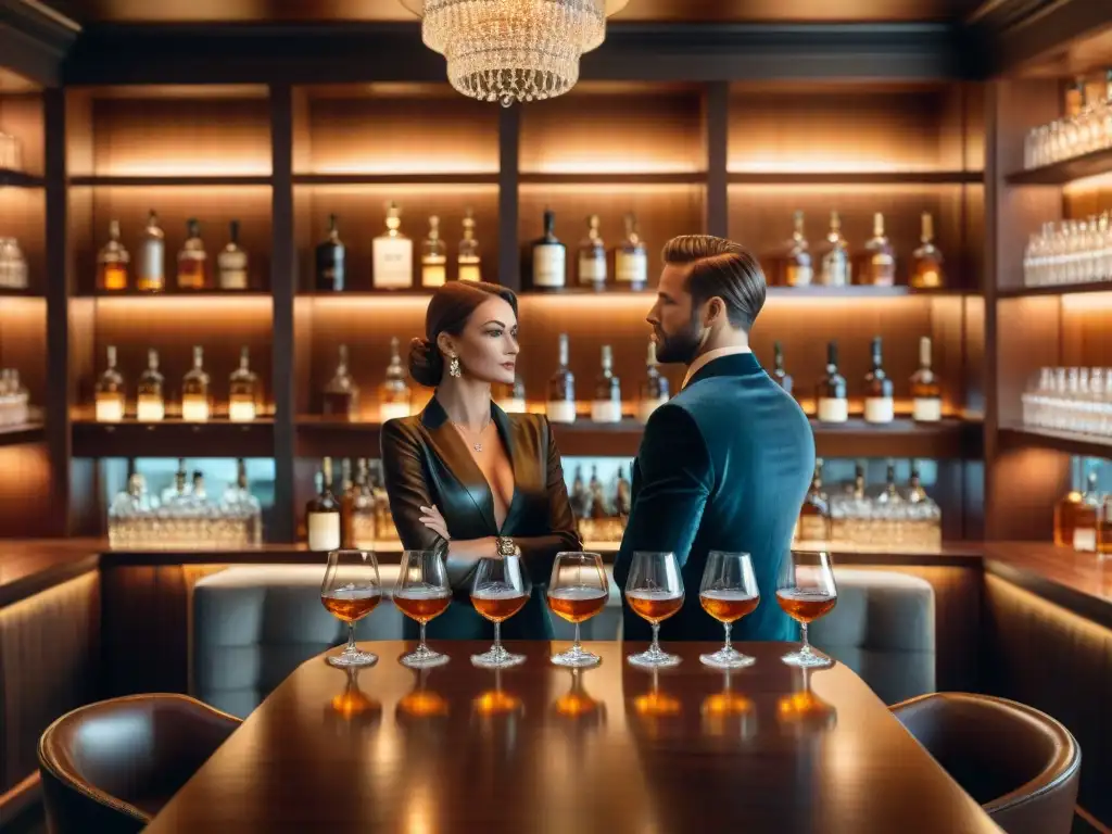 Sala de cata de whisky de lujo: elegancia y sofisticación Una sala de cata de whisky lujosa y detallada, con una atmósfera sofisticada y elegante