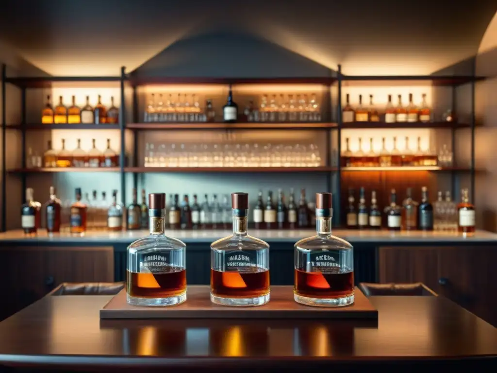 Sala de cata de licores: elegancia y sofisticación vintage Un salón de cata elegante y cálido con licores ámbar, botellas de whisky envejecido y herramientas vintage