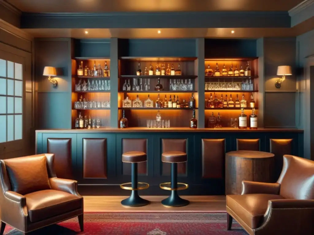 Sala de cata de whisky vintage con elegancia y sofisticación Un salón de cata de whisky sofisticado y elegante, lleno de botellas vintage