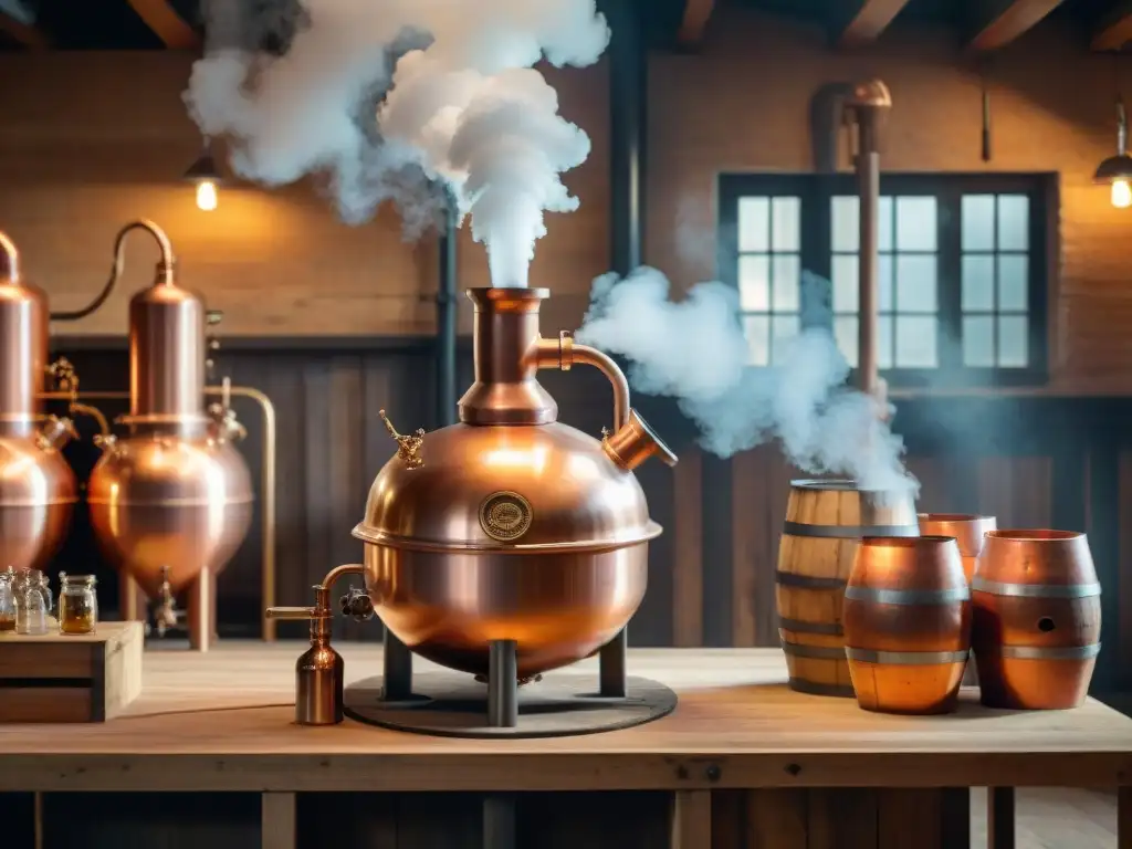 Destilación alquímica: alambique de cobre en destilería rústica Secreto destilación de bebidas alcohólicas en alambique de cobre reluciente en destilería rústica