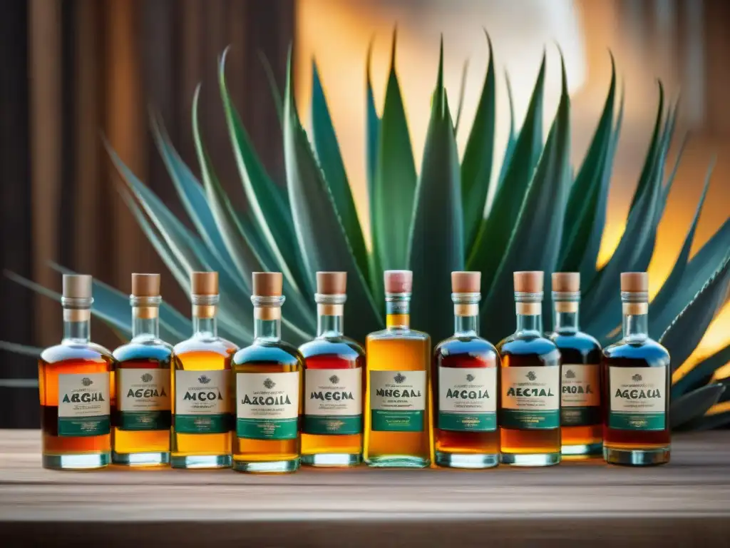 Surtido Premium de Agave: Mezcal, Sotol, Raicilla y más Una selección de destilados de agave variedad dispuestos sobre mesa de madera rústica, iluminados cálidamente